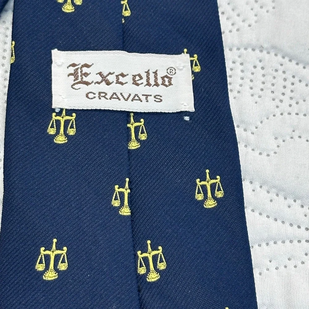Excello Cravats Mens Navy Blue Gold Scales of Justice Law Professional Necktie
